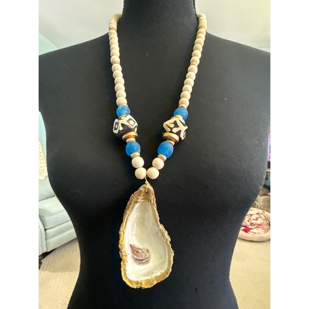 Handmade Gilded Oyster Shell Pendant Necklace Blue Sea Glass Batik Bone Beads